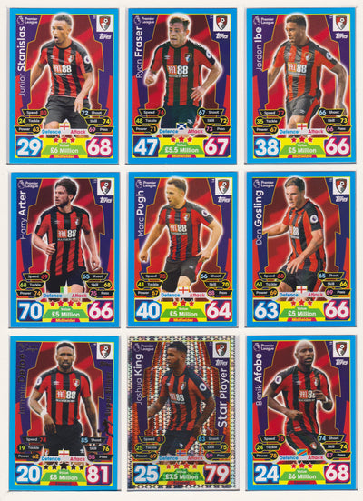 000. AFC BOURNEMOUTH - KOMPLETT SETT MED TOPPS MATCH ATTAX PREMIER LEAGUE 2017/18