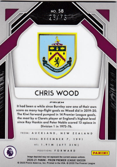 #075. BLUE ICE PRIZM - 058. CHRIS WOOD - BURNLEY - CARD 26 OF 75