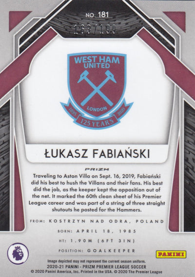 #199. BLUE PRIZM - 181. LUKASZ FABIANSKI - WEST HAM UNITED - CARD 163 OF 199