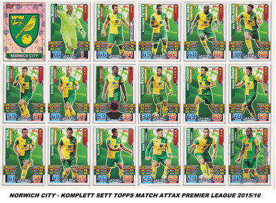 000. NORWICH CITY - KOMPLETT SETT MED TOPPS MATCH ATTAX PREMIER LEAGUE 2015/16