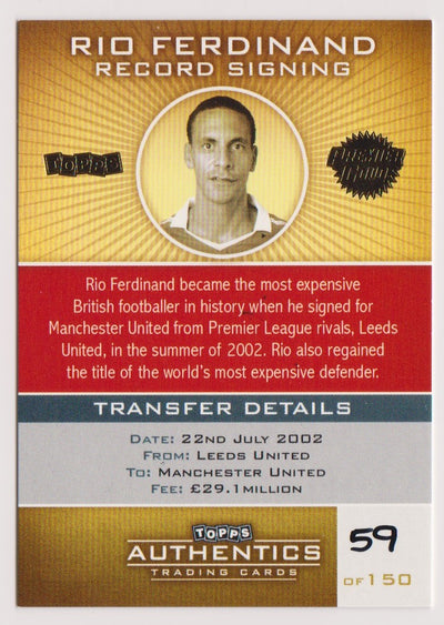 RIO FERDINAND . MANCHESTER UNITED - TOPPS PREMIER GOLD "ON CARD SIGNED" - #150