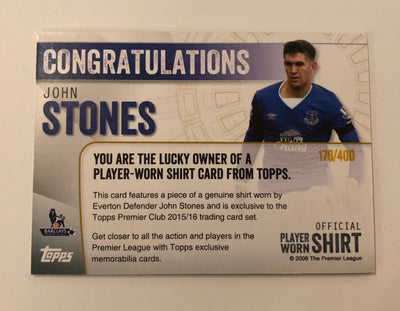 JOHN STONES - EVERTON - TOPPS PREMIER CLUB 2015 - PLAYER-WORN SHIRT CARD - FOOTBALL FIBER CARD RELIC #400