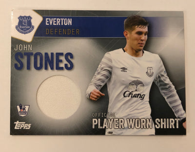 JOHN STONES - EVERTON - TOPPS PREMIER CLUB 2015 - PLAYER WORN SHIRT CARD - FOLTBALL FIBER CARD RELIC